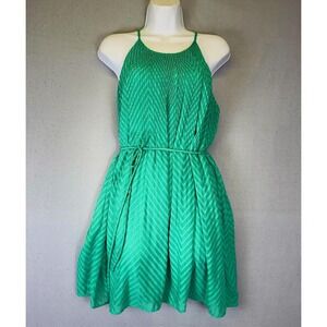 Elle Green Chevron Textured Halter Mini Dress Medium Pleated High Neck Emerald